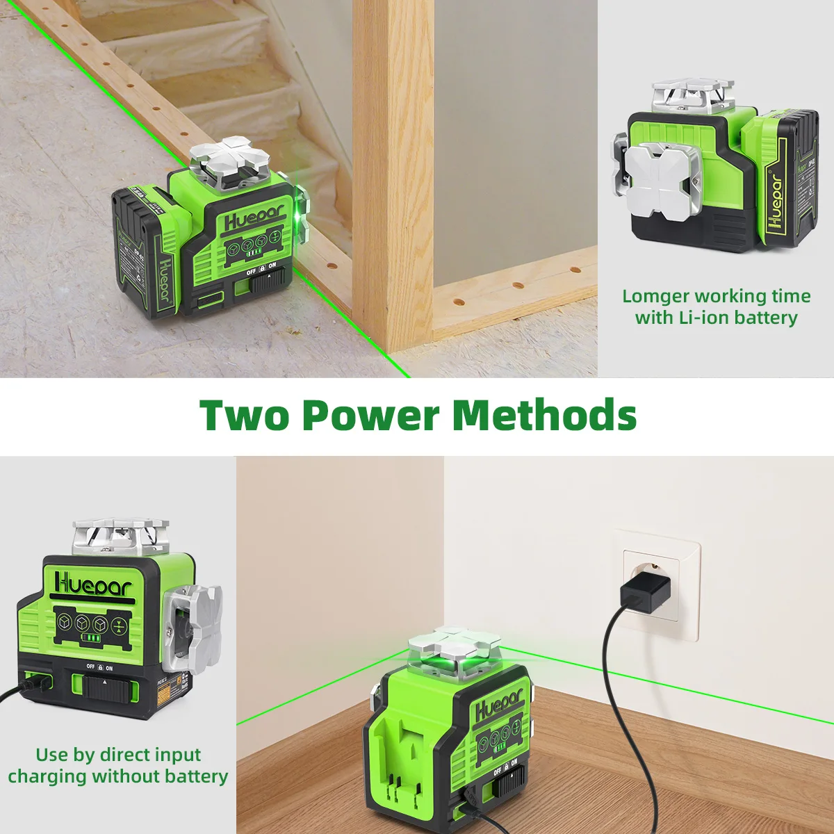 Huepar 3D Cross Line Self-leveling Laser Level 3 x 360 12 lines Green Beam  Three-Plane Leveling and Alignment Laser Tool, Li-ion Battery with Type-C  Charging Port & Hard Carry Case Included 