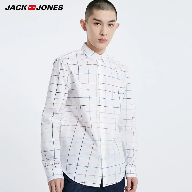 Мужская белая рубашка в клетку с длинными рукавами JackJones из 100% хлопка |