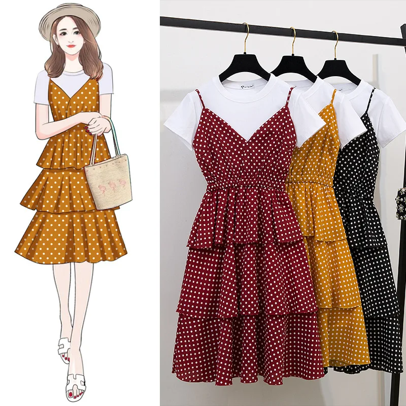 

White Simple T-shirt + Polka Dot Camisole High-waisted Cake Flounced Dress Two-Piece Set