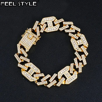 

Hip Hop 17MM Bling AAA+ Iced Out Alloy Rhinestones Box Clasp Coffee Bean Prong Cuban Link Chain Bracelet For Men Jewelry