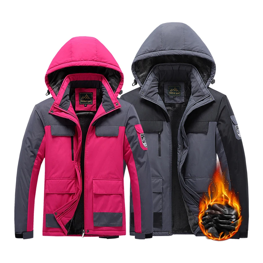 

Men's Winter Fleece Hiking Jackets Outdoor Sports Splicing Waterproof Windbreaker Trekking Camping Plus Size Hooded Thermal Coat