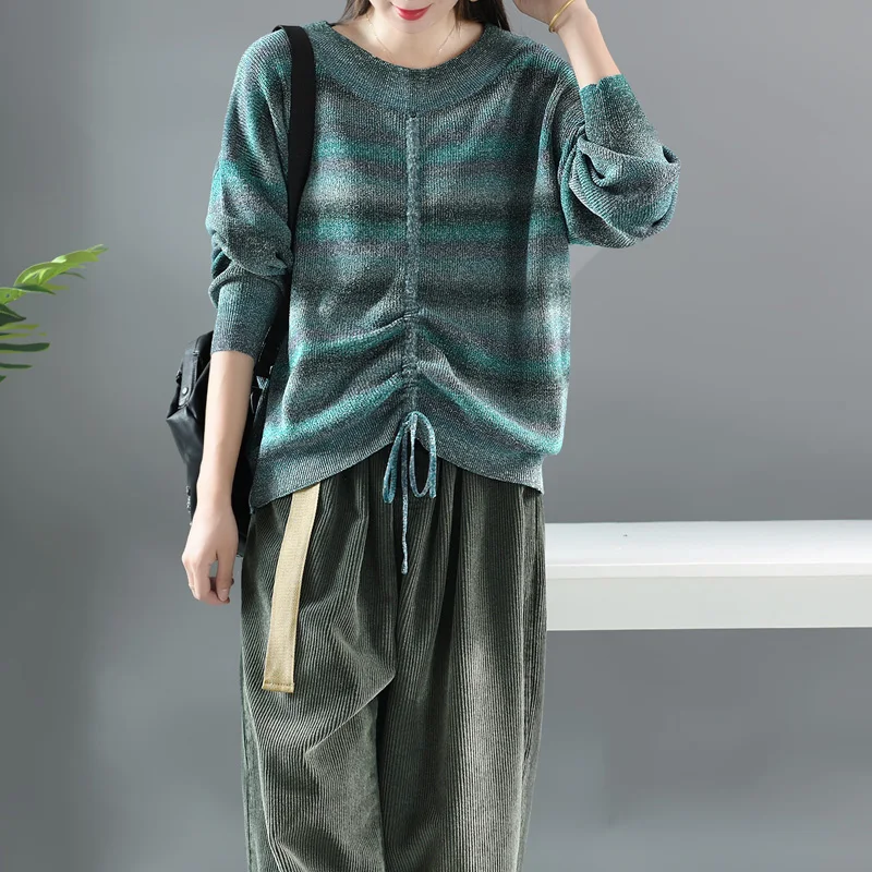 

Women Sweater Autumn Winter Fashion Knitting Loose Pullovers 2019 New Ladies Tops O-Neck Long-sleeved Striped Drawstring Sweater