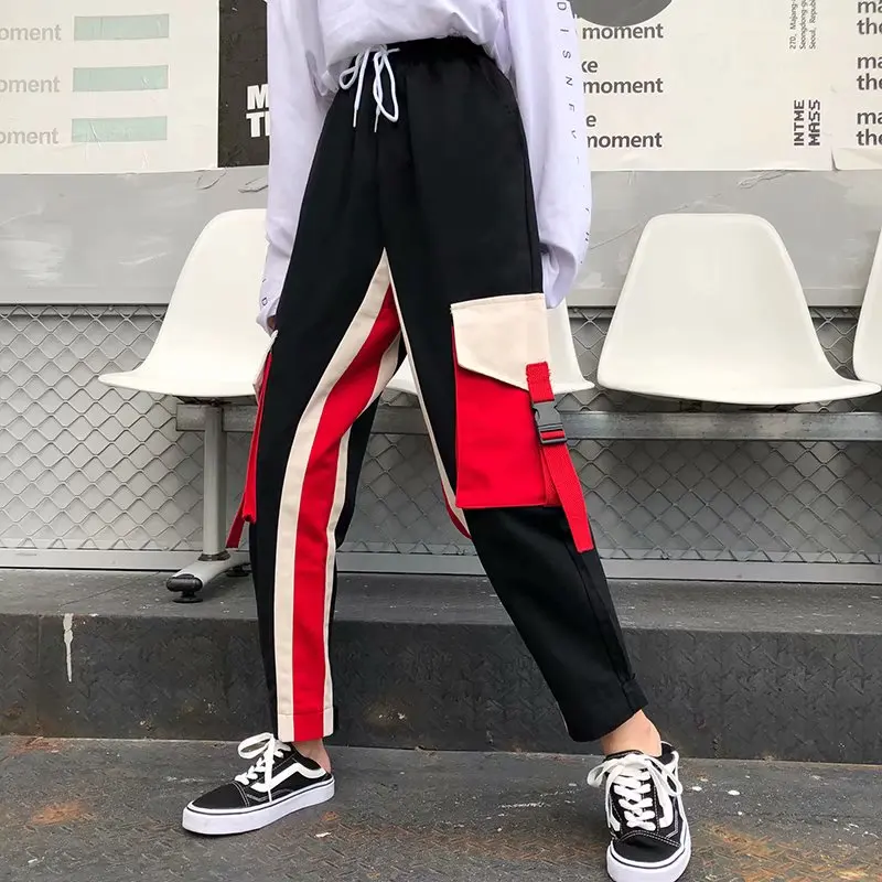 

Streetwear Contrast color Cargo Pants Women Casual Joggers High Waist Loose Female Trousers Korean Style Ladies Pants