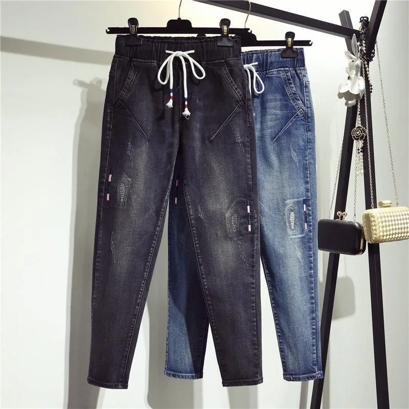 2020 Autumn Women's Jeans Loose Harem Pants Female High Waist Elastic Denim Pants Casual Vintage Blue Trousers Plus Size P756 2020 Autumn Women's Jeans Loose Harem Pants Female High Waist Elastic Denim Pants Casual Vintage Blue Trousers Plus Size P756