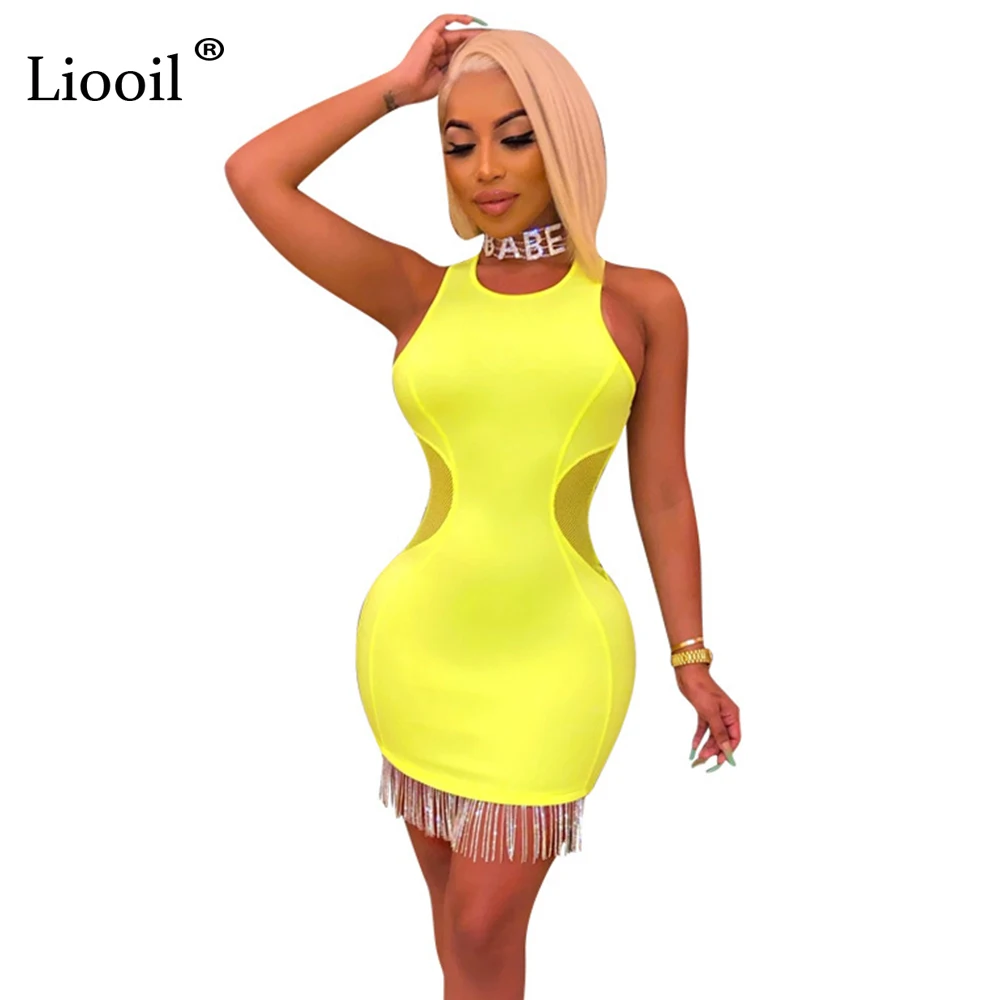 Liooil Mesh Tassel сексуальное облегающее мини-платье на бретелях Женская одежда для спортзала без рукавов неоновые оранжевые желтые вечерние облегающие платья