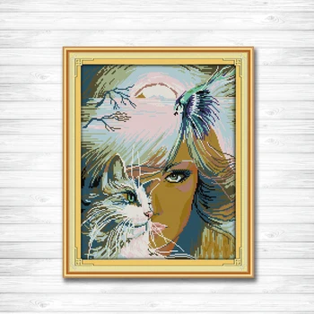 

Beauty Girl and cat pattern printed on the fabric DMC 14CT 11CT Cross Stitch kits all with embroidery needlework Sets Home Decor