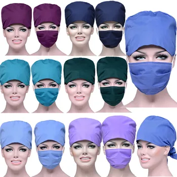 

Breathable Sweatband Scrub Caps Doctor Work Hat+Mask Set Women Men Hospital Surgical Cap Adjustable Nurse Surgery Hats Masks