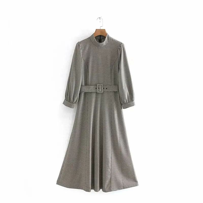 picture women vintage houndstooth plaid midi dress sashes three quarter sleeve female office long dress Robe femme maxi dresses vestidos - Цвет: picture