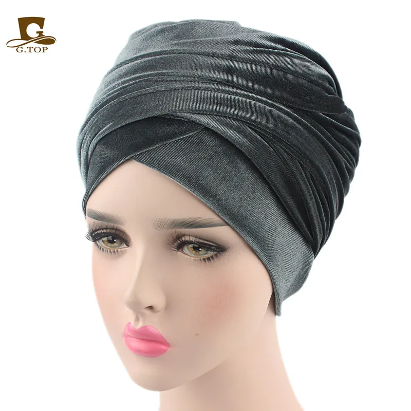 Роскошный мягкий вельветовый тюрбан Велюровая шапочка для душа головной убор хиджаб шапка мусульманский шарф мусульманский головной платок - Цвет: grey