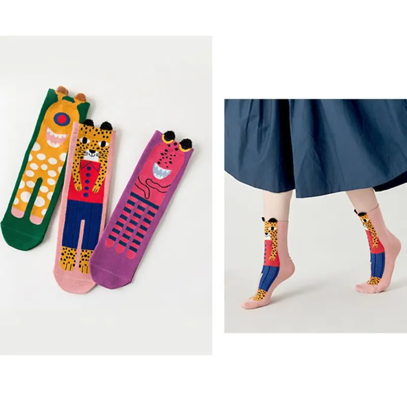 Women Funny Cotton Crew Socks Colorful Cartoon Monster Print Harajuku Hosiery