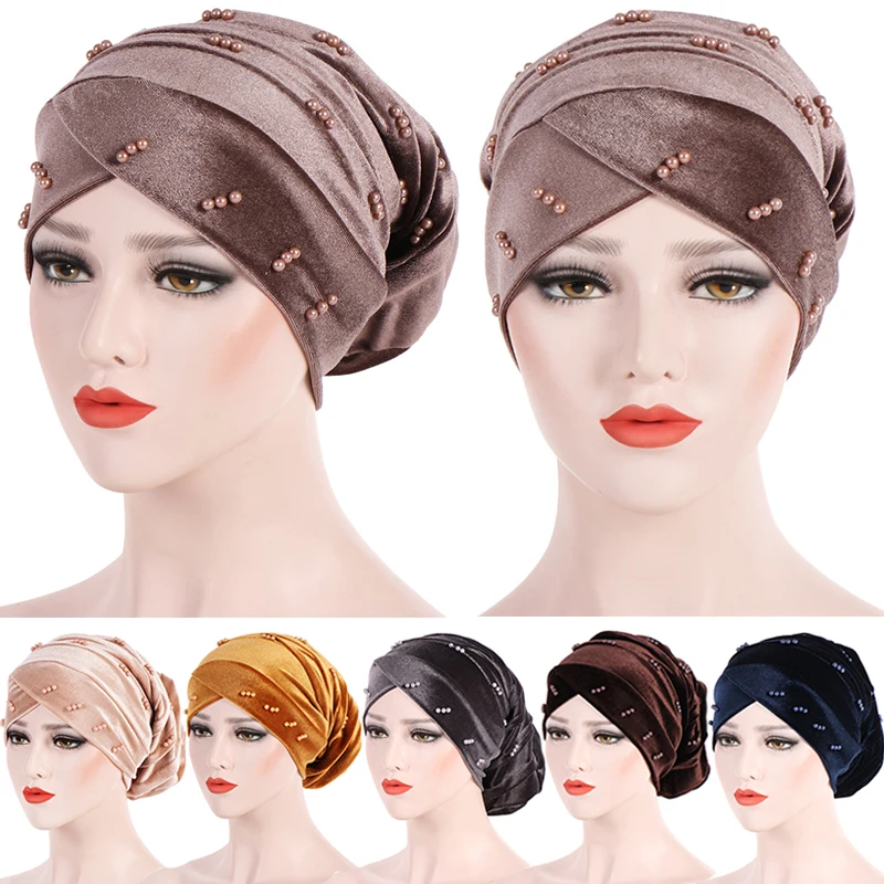 

Muslim Turban Scarf India Hijab Caps Hair Accessories Women Pearl Velvet Inner Bandanas Headscarf Turban Wrap Hijab Bonnet