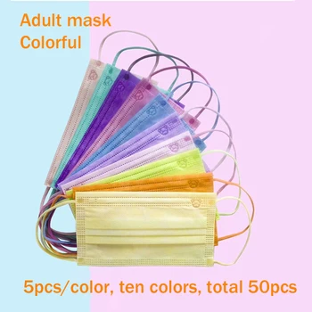 

50pcs Disposable Adult Mask 5pcs/color Ten Colors Three Layers With Melt Blown Cloth Hanging Ear Ten Colorful Masks