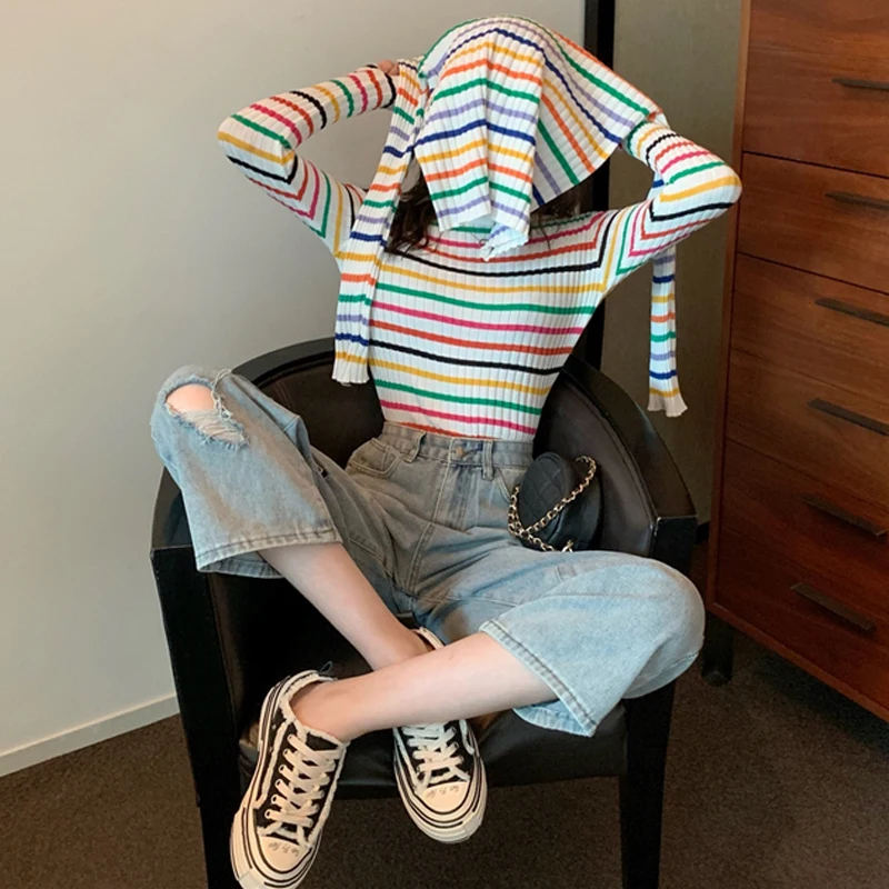 

2019 autumn new women sweaters version of the elegant female rainbow striped shirt Slim thin knit long-sleeved sweater