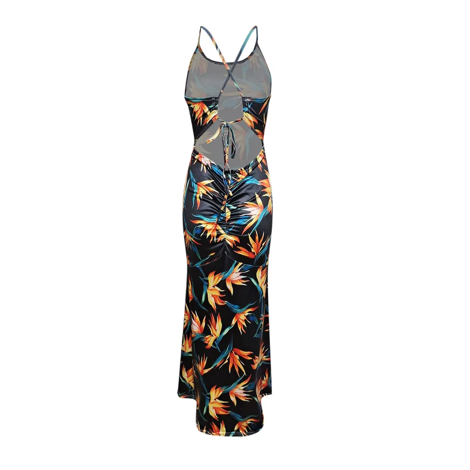 Boho Chic Sunflower Print Backless Maxi Dress