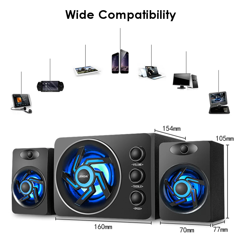 LED Light 2.1 Desktop Computer Speaker Heavy Bass Subwoofer Home Combination Speaker USB Power Supply For PC Laptop Cellphone