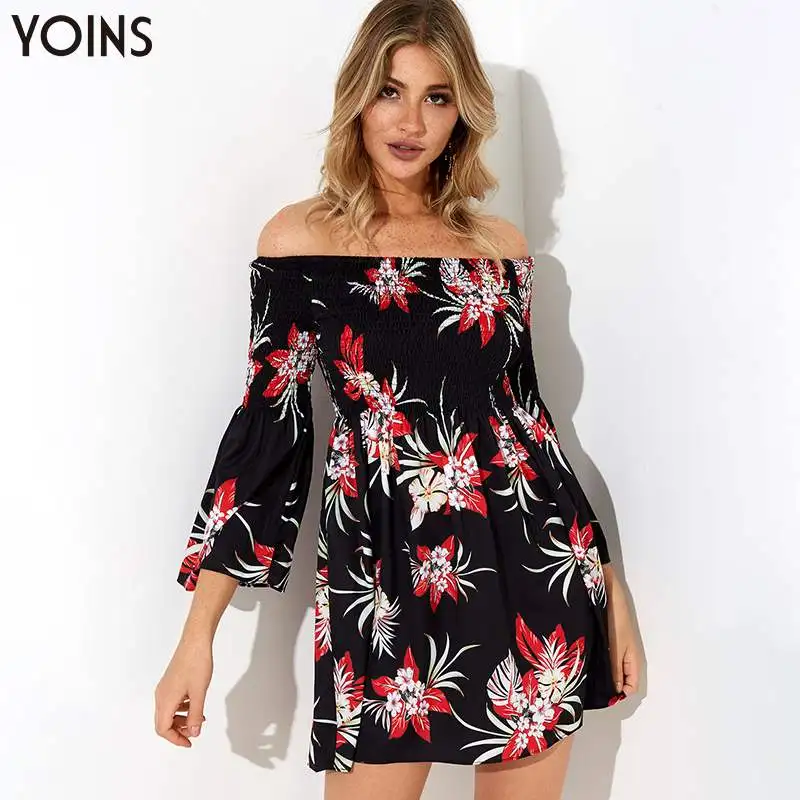 YOINS богемное платье с цветочным принтом, с открытыми плечами, с расклешенными рукавами,, женские винтажные Элегантные мини платья, пляжные вечерние платья, Vestidos Femme