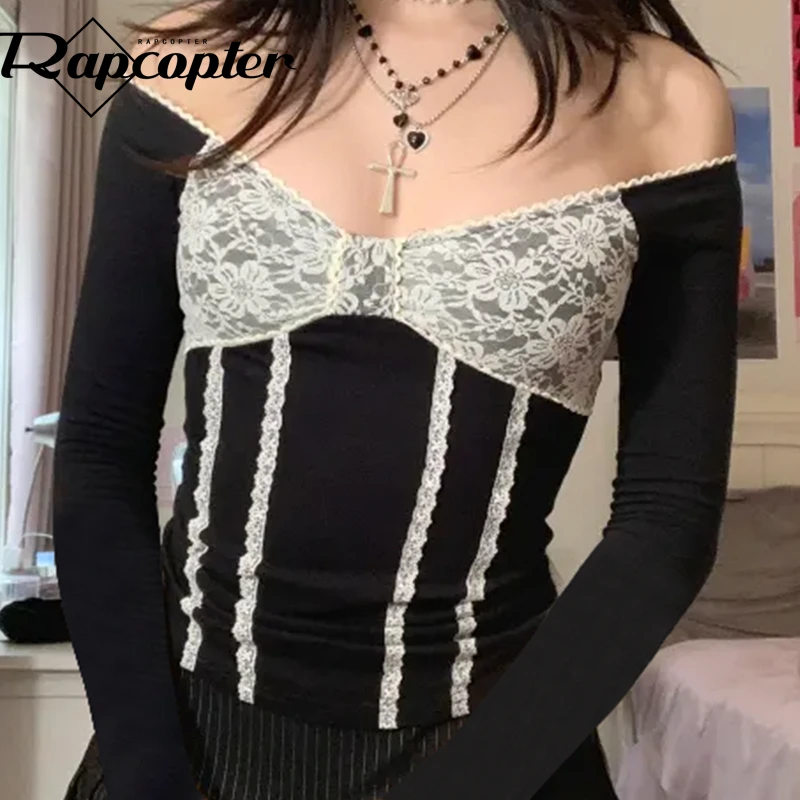 Rapcopter y2k Lace Crop Top Backless Tie Up Kawaii T Shirt Full Sleeve V Neck Bow Patched Pullovers Retro Fairycore Women Tees black and white striped shirt