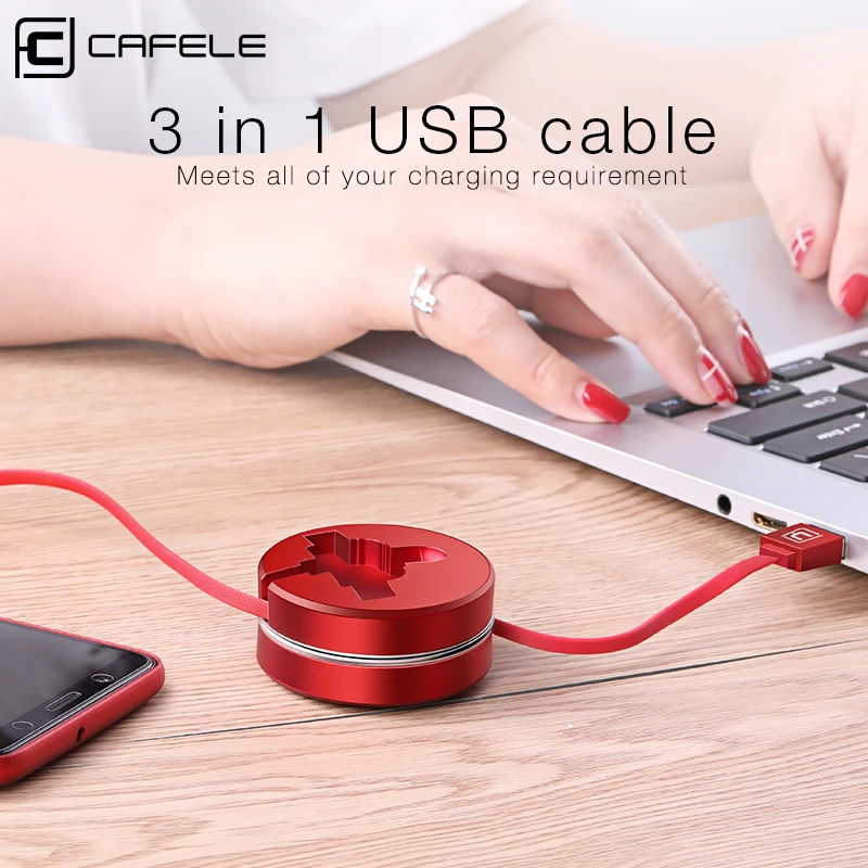 CAFELE USB Type C Cable Fast Charge 3 in 1 retractable Micro usb cable for iphone x xr 7 redmi Huawei Support Data sync