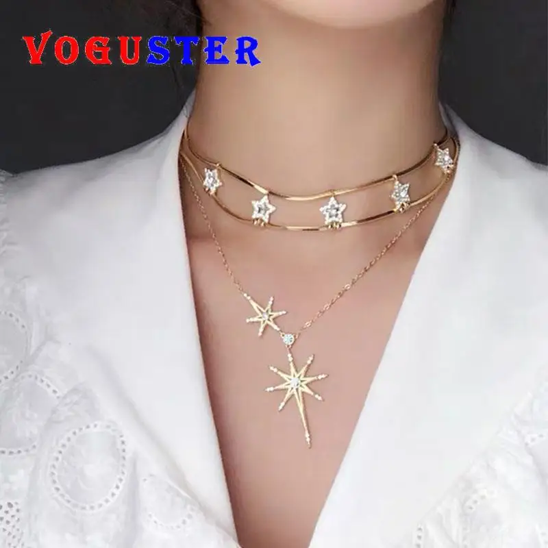 

VOGUSTER Brand 2 PCS Together Gold Color Plated CZ Crystal Star and Starburst Choker Necklace