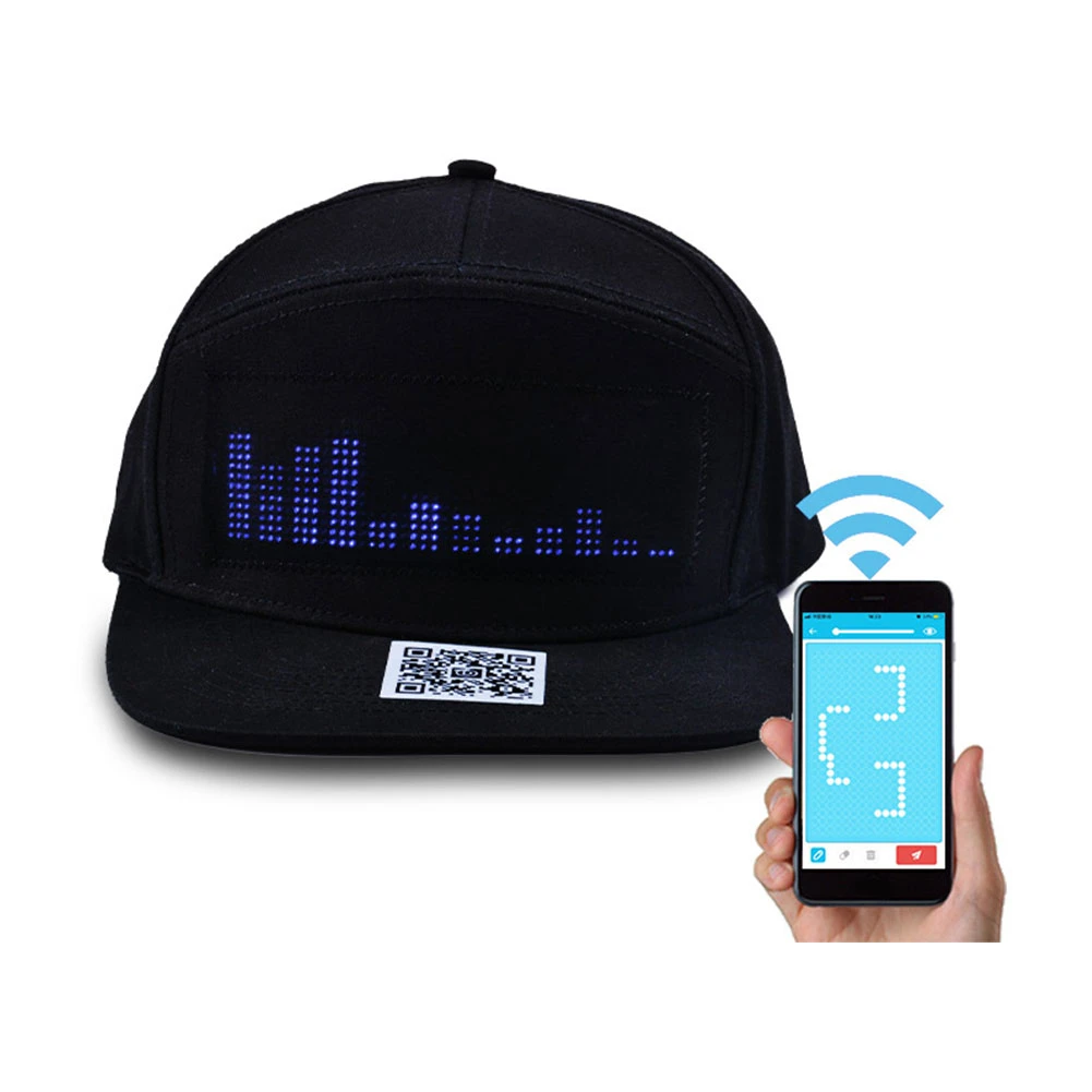 Bluetooth светодиодный головной убор программируемый экран с прокручивающимся сообщением доска бейсбольная кепка приложение управление фонарик освещенная светящаяся, для клуба вечерние кепки - Цвет: Black