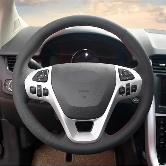 Черный Черный кожаный DIY чехол рулевого колеса автомобиля для Ford Explorer 2011- Телец 2013- Edge 2011 - Название цвета: Черный