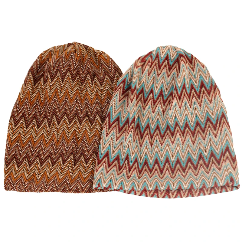 Geebro Women's Bohemia Wave Striped Beanie Hat Spring summer Multicolour Slouchy Hat for Ladies Knitted Bone hat Skullies Cap 2