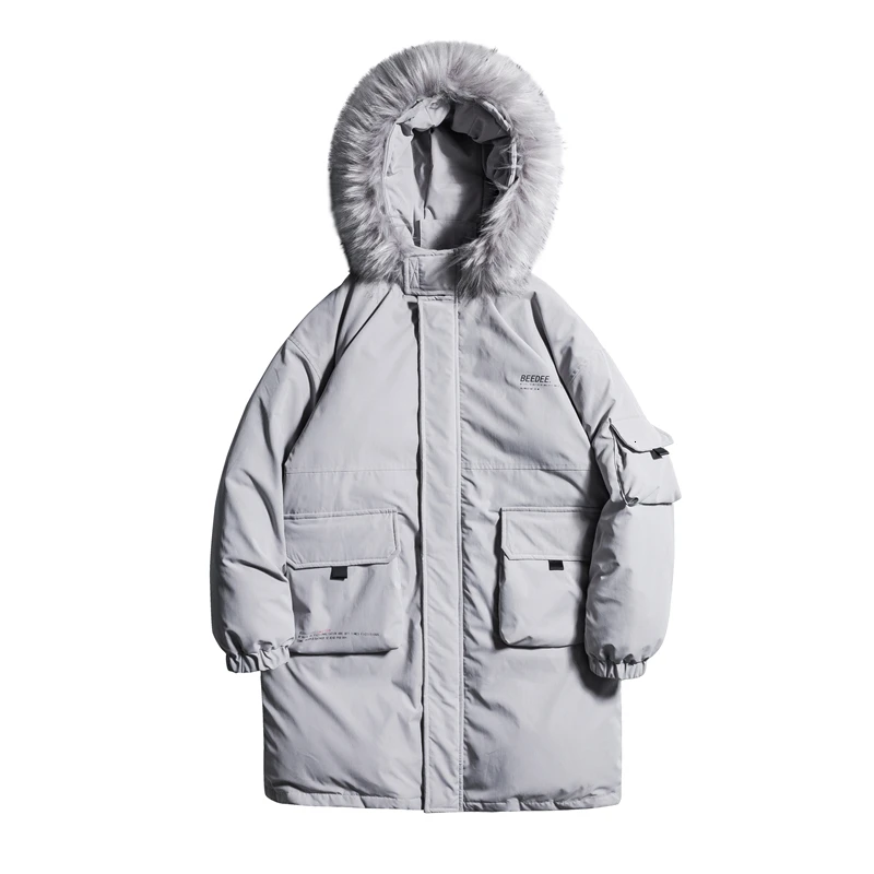 griege Winter New Coat Men Warm Thick Fashion Solid Color Fur Collar Hooded Coat Man Streetwear Wild Loose Cotton Long Jacket Parka Men - Цвет: griege