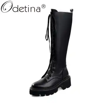 

Odetina Women Rivet Block High Heel Cow Leather Knee High Boots Lady Platform Side Zipper Cross-tied Round Toe Motorcycle boots