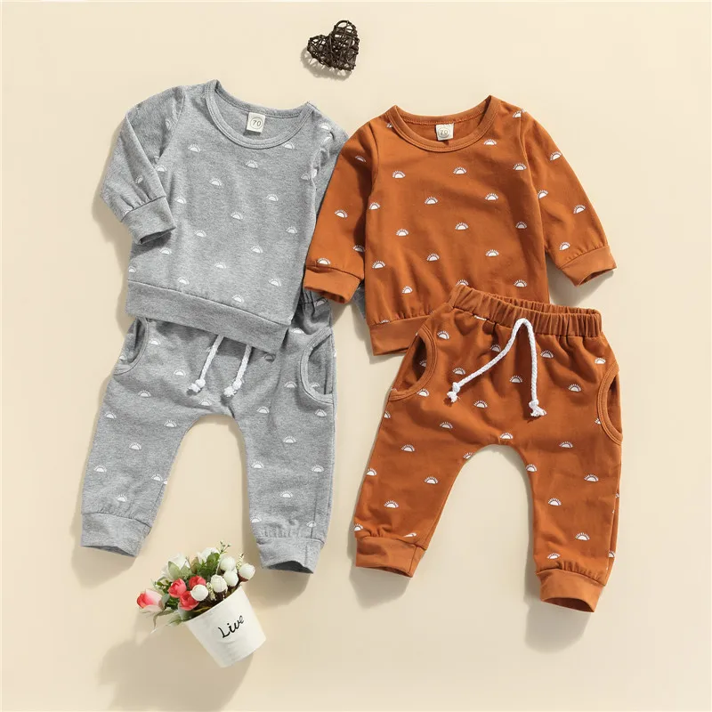 Spring Autumn Baby Boys Girls Clothes Sets 2pcs Sun Print Long Sleeve Pullover Sweatshirts Tops+Elastic Pants Tracksuits | Детская