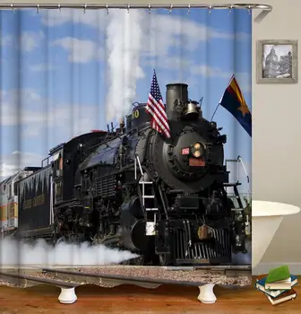 

Old Steam Train Shower Curtain 3d Curtains Bathroom Curtain with Hooks Fabric Retro Waterproof Funny Bath Curtain Or Mat