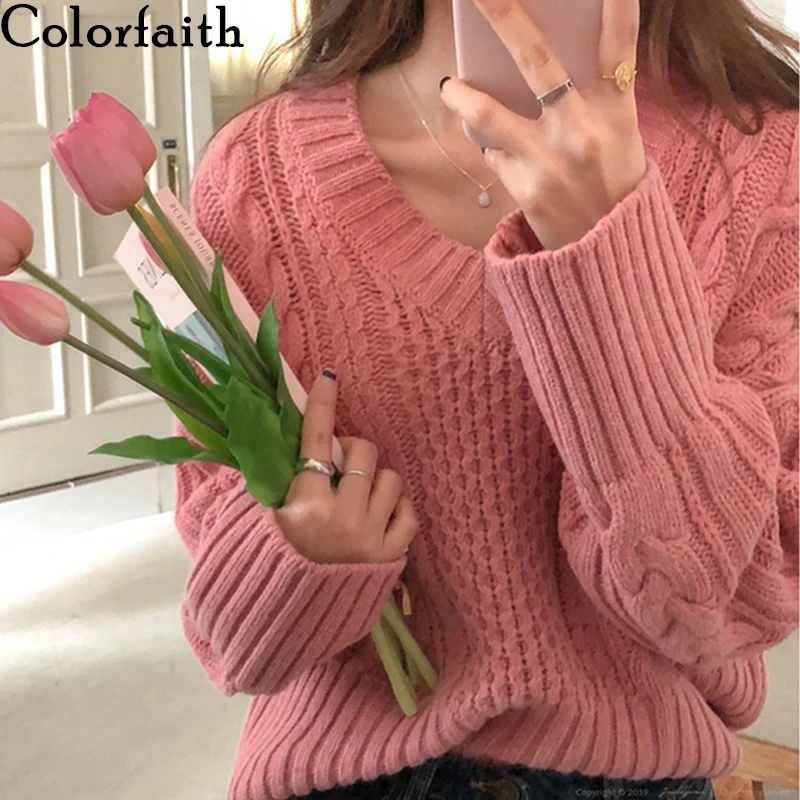 Скидка Colorfaith Новый 2019 Для женщин пуловеры; свитеры Вязание осень зима теплый однотонный корейский стиль Женская Повседневная Свободная Топы SW9081