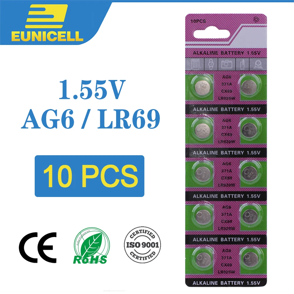 Щелочные батарейки для монет 10 шт. 1 55 в AG6 LR920 371A CX69 LR920W 371 L921 SR927 171 G6A AG 6 часов