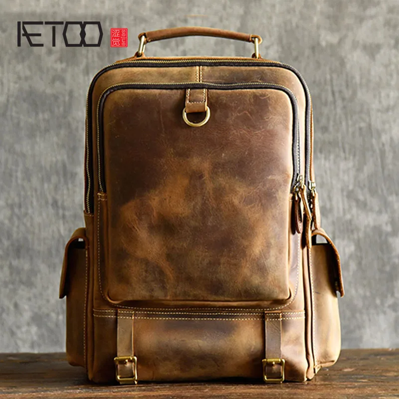 

BJYL American retro men's shoulder bag crazy horse skin European and American trend backpack 15 inch computer bag top layer