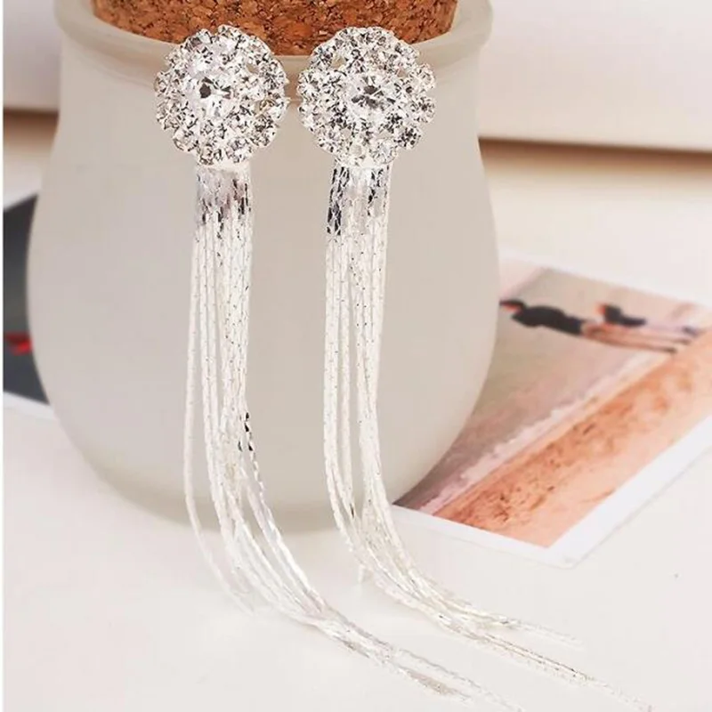 Luxury Bridal Rhinestone Round Shape Tassel Clip on Earrings Non Piercing for Women Big Statement Pierced Earrings ear clip earrings clip earrings ear clip