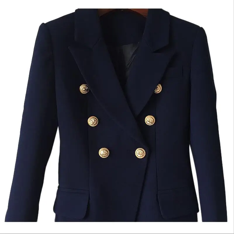 Navy Blue High Quality New Fashion Designer Blazer Jacket Women's Double Breasted Metal Lion Buttons Blazer Outer Size S-XXXL - Цвет: Navy Blue