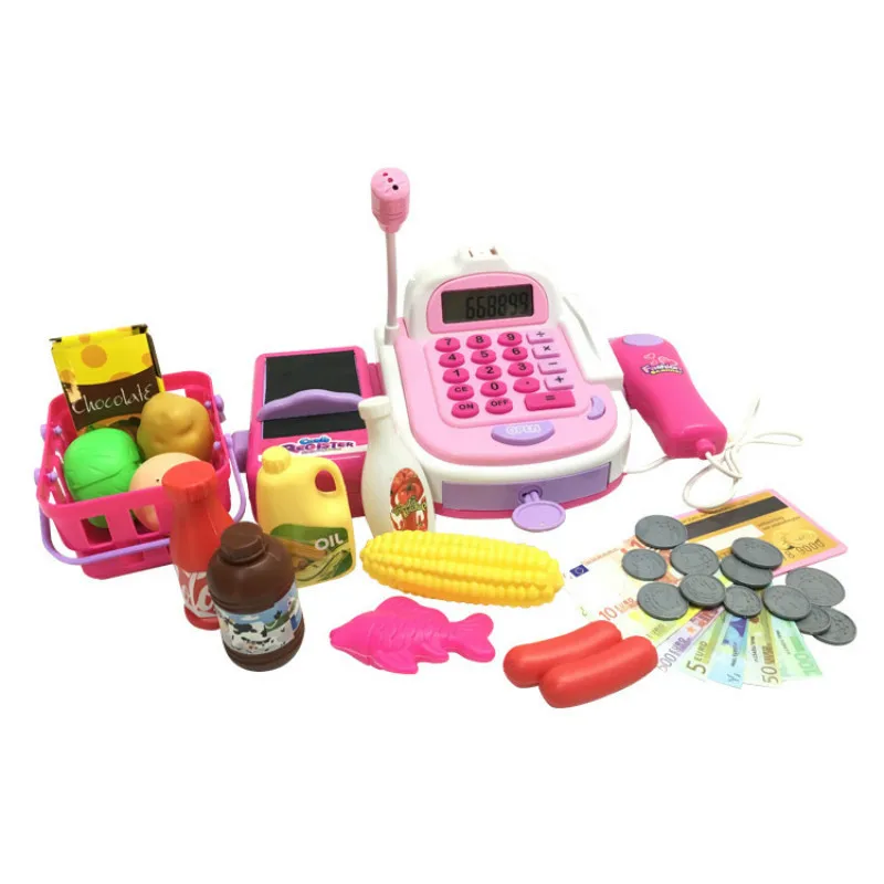 

Mini Simulated Supermarket Checkout Counter Role play Cashier Cash Register Set Kids Pretend Play Early Educational Toys money