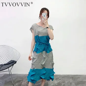 

Korea pleated dress 2020 summer color block sleeveless loose large size dresses with belt high qualty all-match elastic Y001