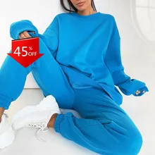 

2021 New Ladies Sweatshirt Two-piece Plus Fleece Top and Pants Suit Casual Sports Pants Autumn and Winter Suit Women