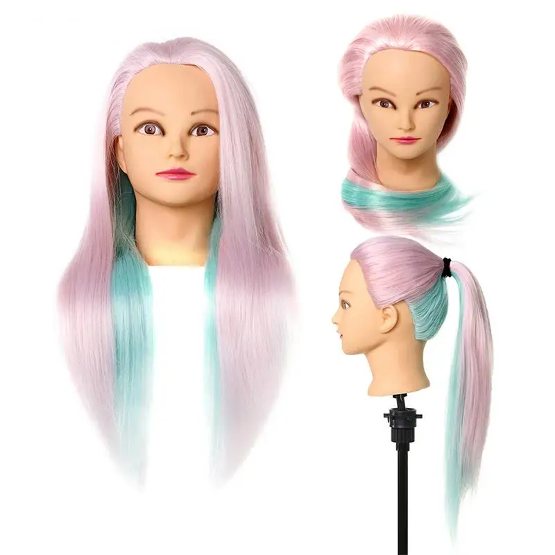 Practice Salon Head Hairdressing Training High Fiber Long Yfashion Hair Head Model with Rainbow Colour Hairpiece Clamp Stand