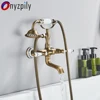Onyzpily Bathtub Shower Faucet Antique ORB Golden Phone Style  Spray Wall-Mounted Hot And Cold Faucet Blue and White Porcelain 1