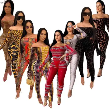 

Two Piece Set Snake Skin Print Women Sets Off Shoulder Long Sleeve Slash Neck Backless Bodycon Bodysuits And Pencil Pants Sets