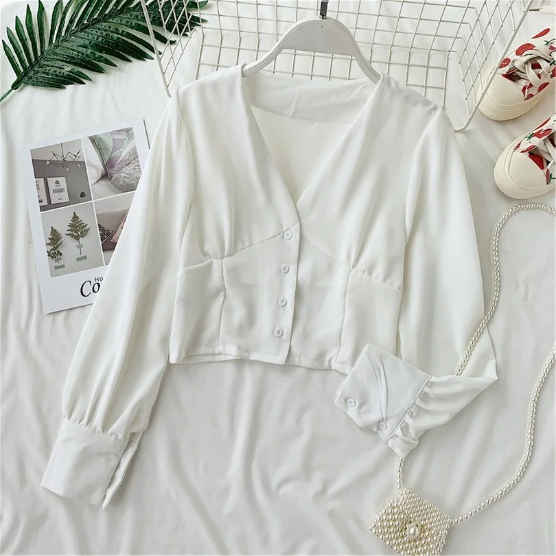 

TYHRU Autumn Women's Solid Color V-neck Long Sleeve Single-Breasted Top