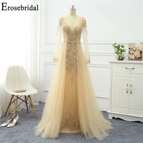 GOLD Long Sleeve Erosebridal, расшитое бисером элегантное вечернее платье, длинное,, с длинным рукавом, Формальные платья, вечерние платья для женщин со шлейфом - Цвет: GOLD Long Sleeve