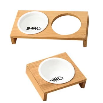 

2Pcs Fashion Cat Dog Feeders Bowls Bamboo Tableware Ceramic Pet Food Water Bowl High Grade Antiskid Pet Supplies Dog Cat Bowl -