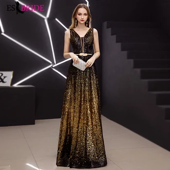 

Contrast Color Sequined Evening Dress 2019 V-Neck Sleeveless Simple Evening Gowns Long Party Formal Dresse ES3032-1