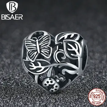 

BISAER 925 Sterling Silver Garden After Raining Butterfly Plant Openwork Charms Fit Original Bead Bracelet Silver 925 Jewelry