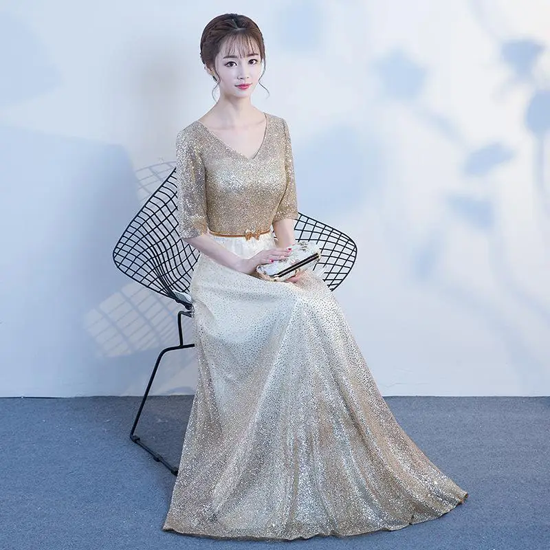 Дешевые Длинные Для женщин Vestido De Madrinha De Casamento Longo; пикантная обувь с блестками, с круглым вырезом, платье для банкета, вечеринки с украшениями; Robe De Soiree XXL - Цвет: Gold