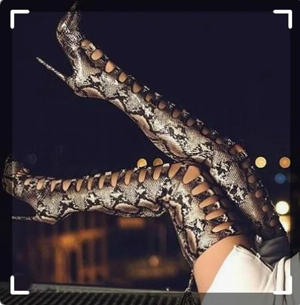 

Python Women Long Boots Over The Knee Cut Out High Stiletto Heel Shoes Pointed Toe Sexy Snake Skin Size 10 Feminine Roman Boots