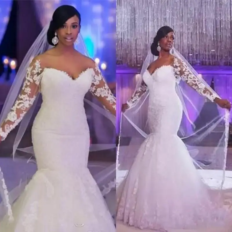 

Новинка, Великолепное Кружевное Свадебное платье с открытыми плечами на заказ, 2023, корсет-Русалка с оборками и шлейфом, африканские свадебные платья