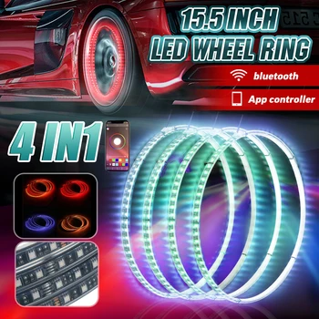 

Hot Sale 4 IN 1 Car LED Wheel Ring Lights RGB 5050 SMD LED Chips 15.5 Inch bluetooth Control Single Row Light Strip for Car